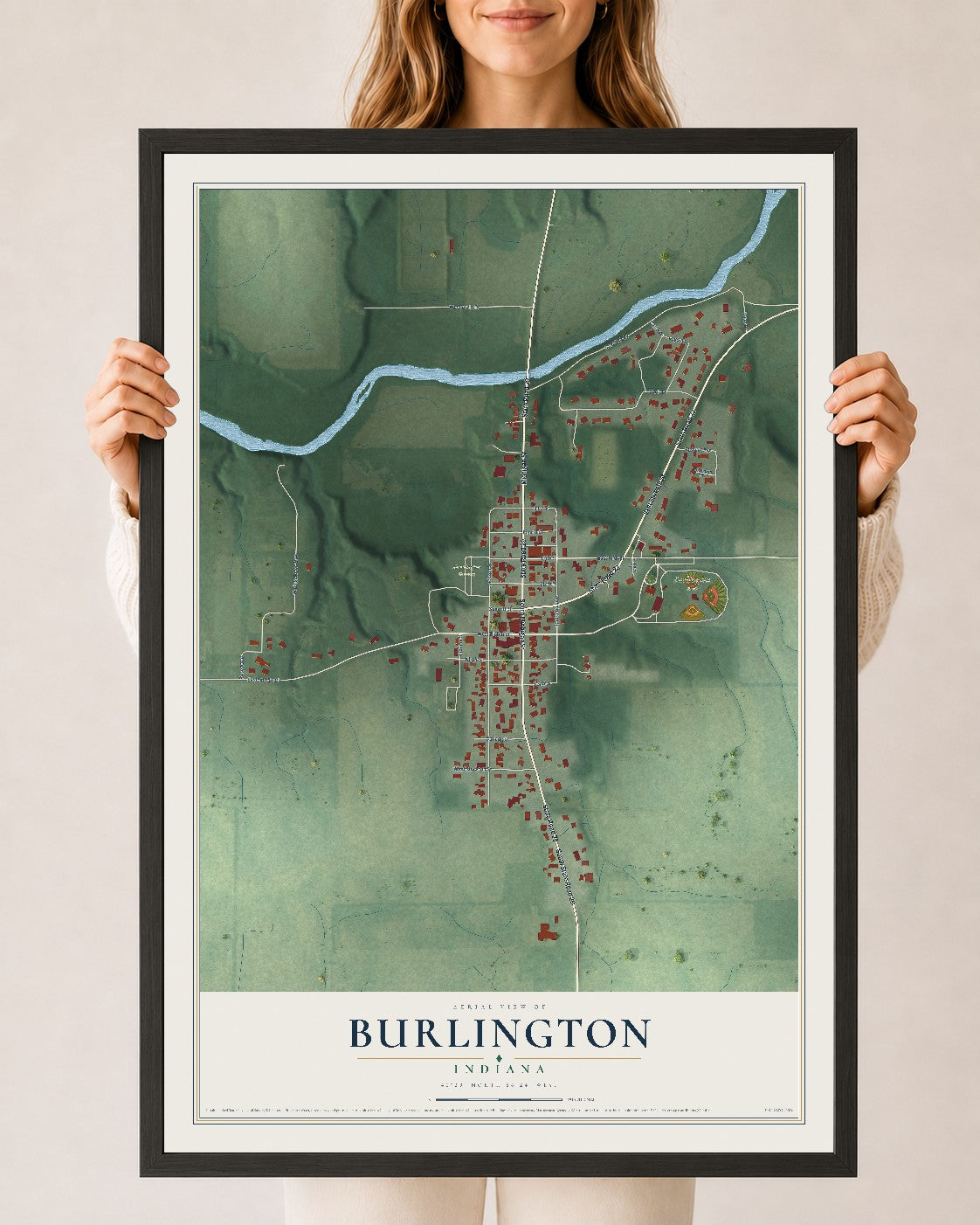 Map of Burlington, Indiana, 24 x 36 inch print in a black wood frame