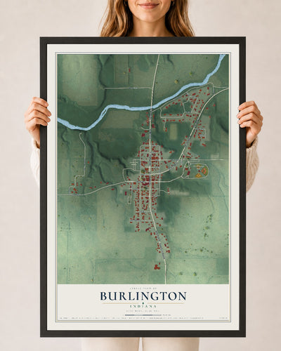 Map of Burlington, Indiana, 24 x 36 inch print in a black wood frame