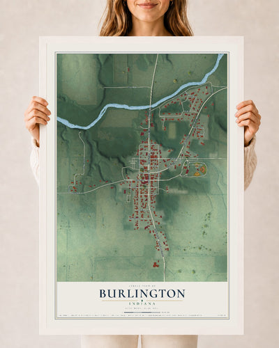 Map of Burlington, Indiana, 24 x 36 inch print in a white wood frame