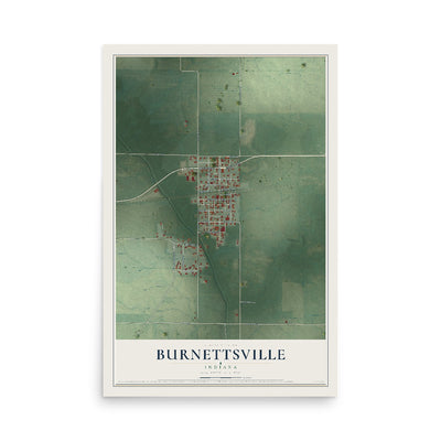 Map of Burnettsville, Indiana, 12 x 18 inch unframed archival matte print