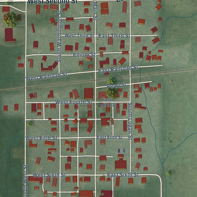 Close-up of the map of Burnettsville, Indiana print showing street and building detail