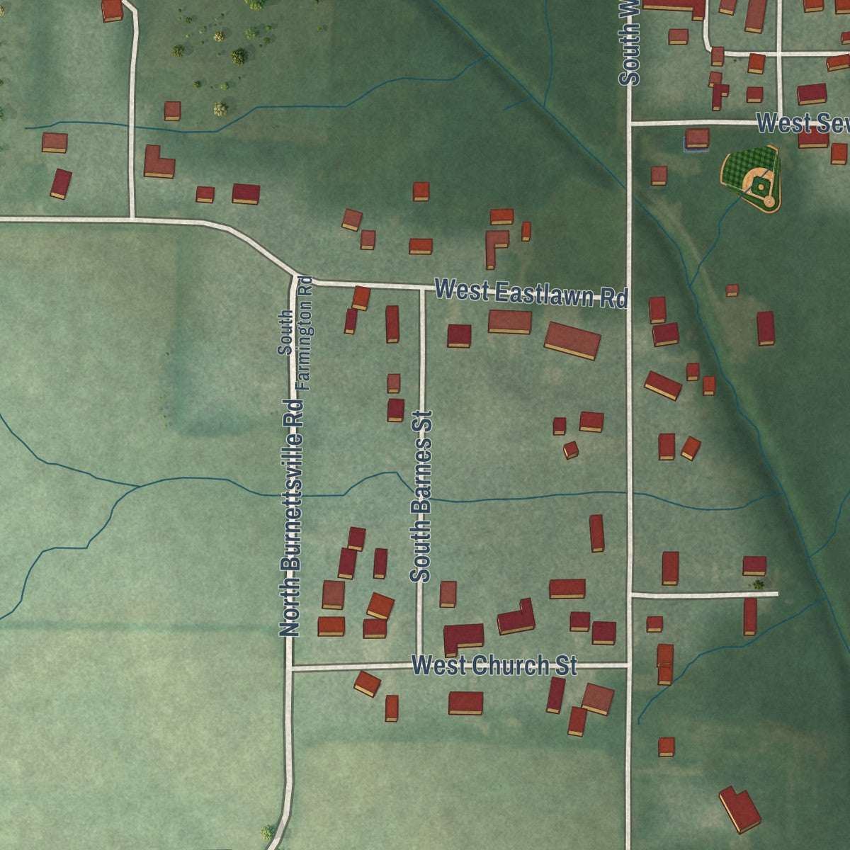 Second close-up of the map of Burnettsville, Indiana print showing more streets and buildings