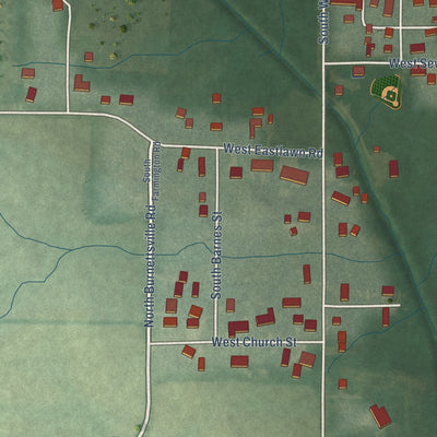 Second close-up of the map of Burnettsville, Indiana print showing more streets and buildings