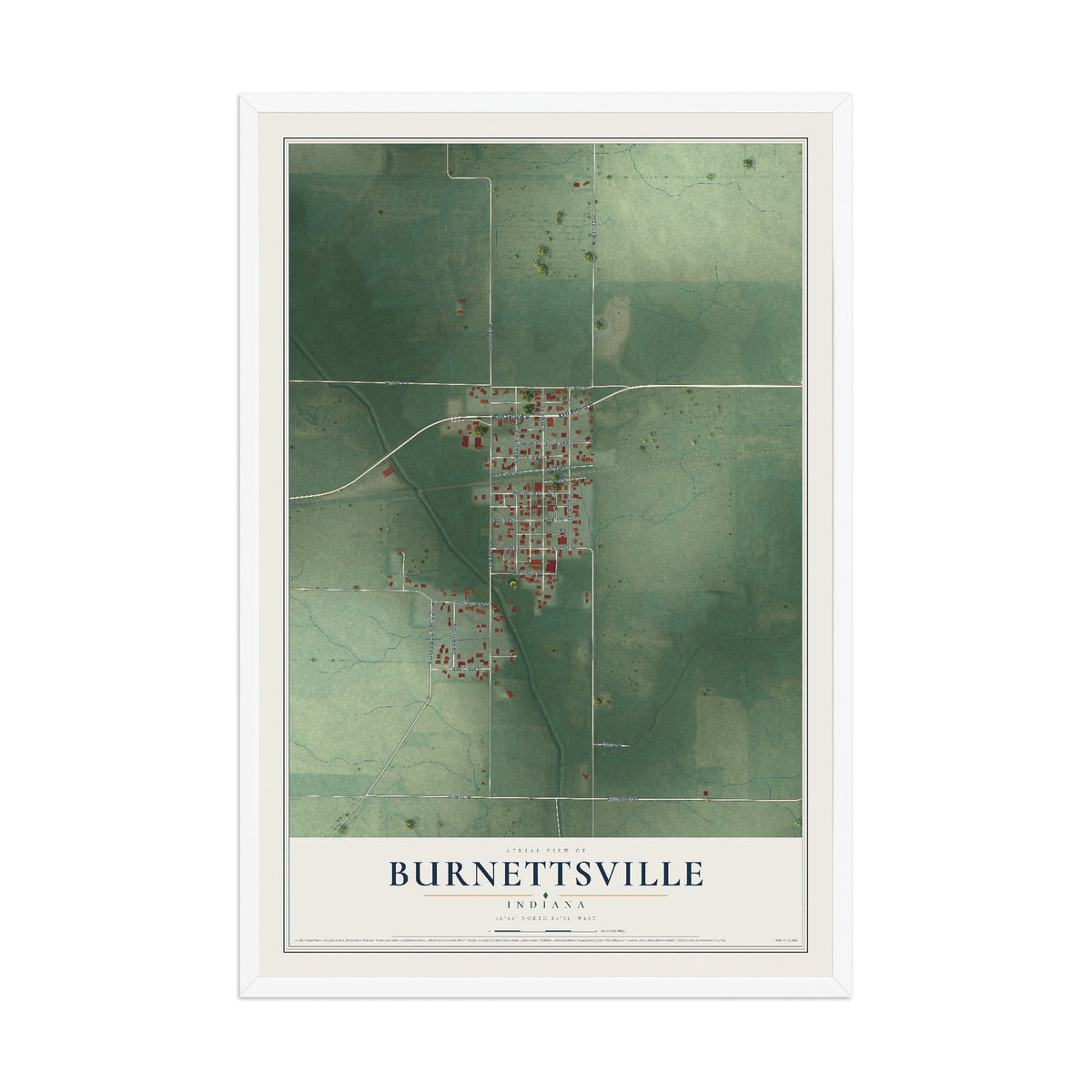 Map of Burnettsville, Indiana, 12 x 18 inch print in a white wood frame