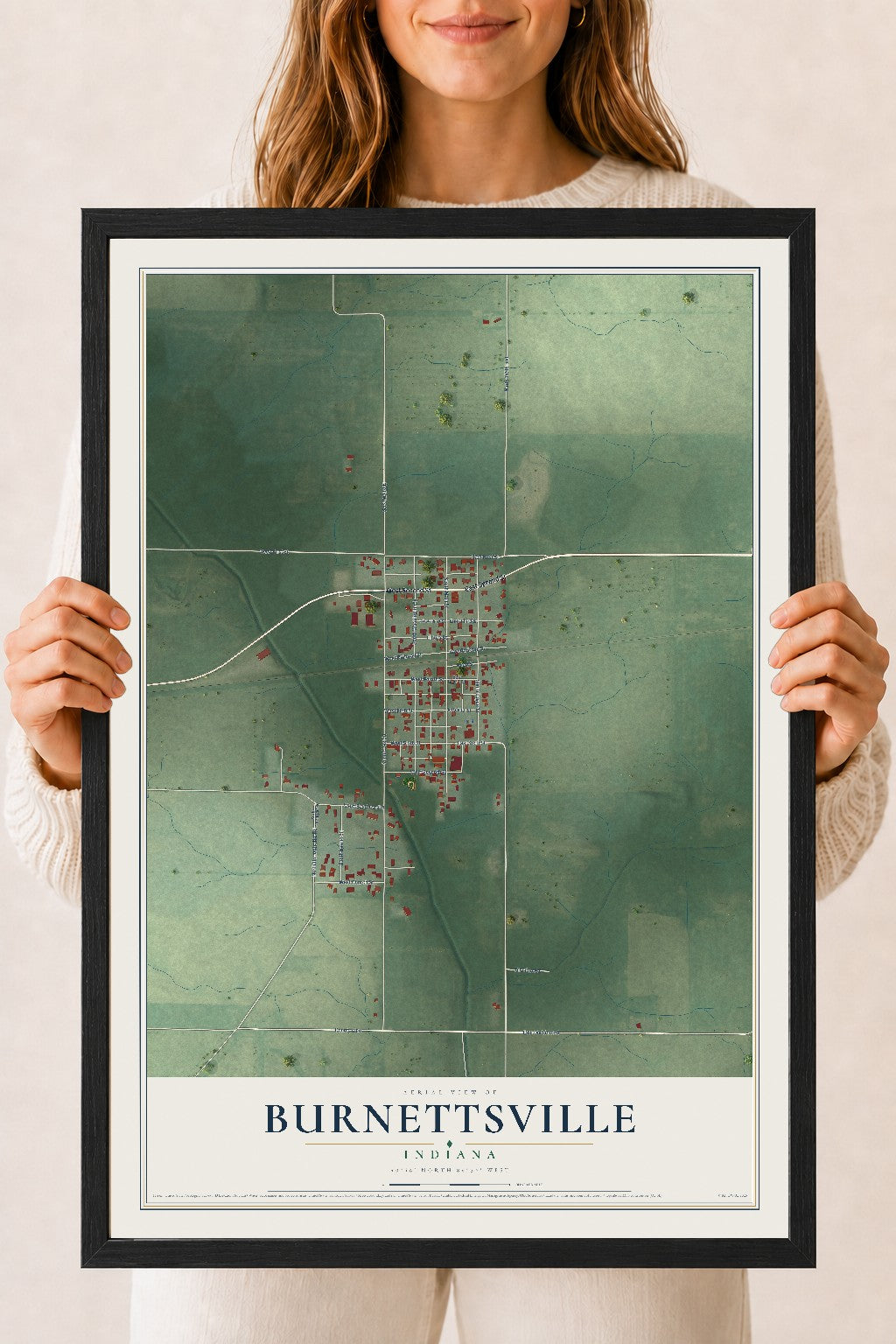 Map of Burnettsville, Indiana, 18 x 24 inch print in a black wood frame
