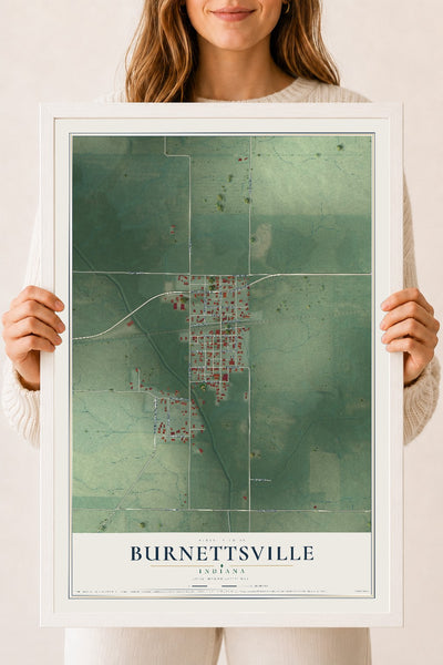 Map of Burnettsville, Indiana, 18 x 24 inch print in a white wood frame