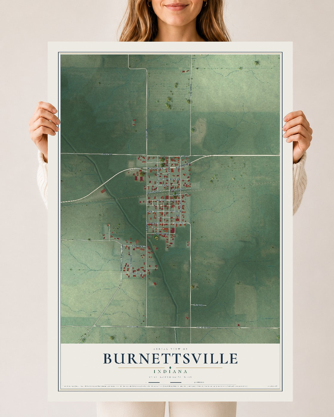 Map of Burnettsville, Indiana, 24 x 36 inch unframed archival matte print