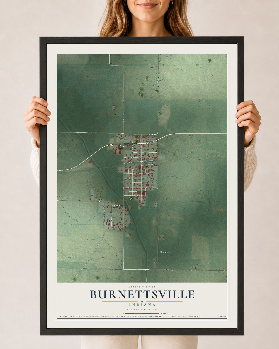 Map of Burnettsville, Indiana, 24 x 36 inch print in a black wood frame