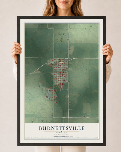 Map of Burnettsville, Indiana, 24 x 36 inch print in a black wood frame