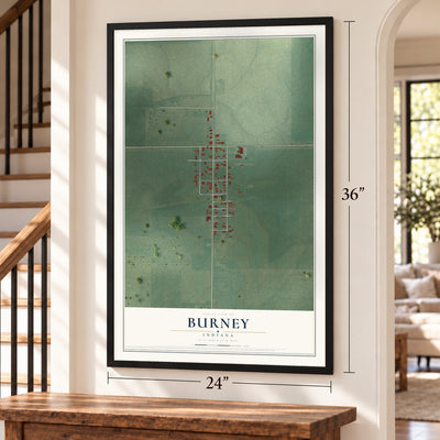 Burney, Indiana map, 24 x 36 inch print in a black frame by a staircase