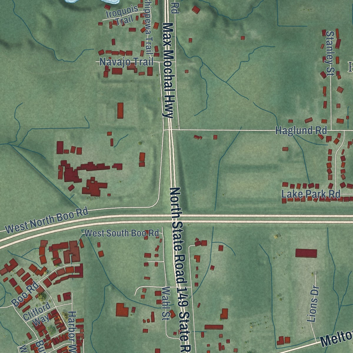 Second close-up of the map of Burns Harbor, Indiana print showing more streets and buildings