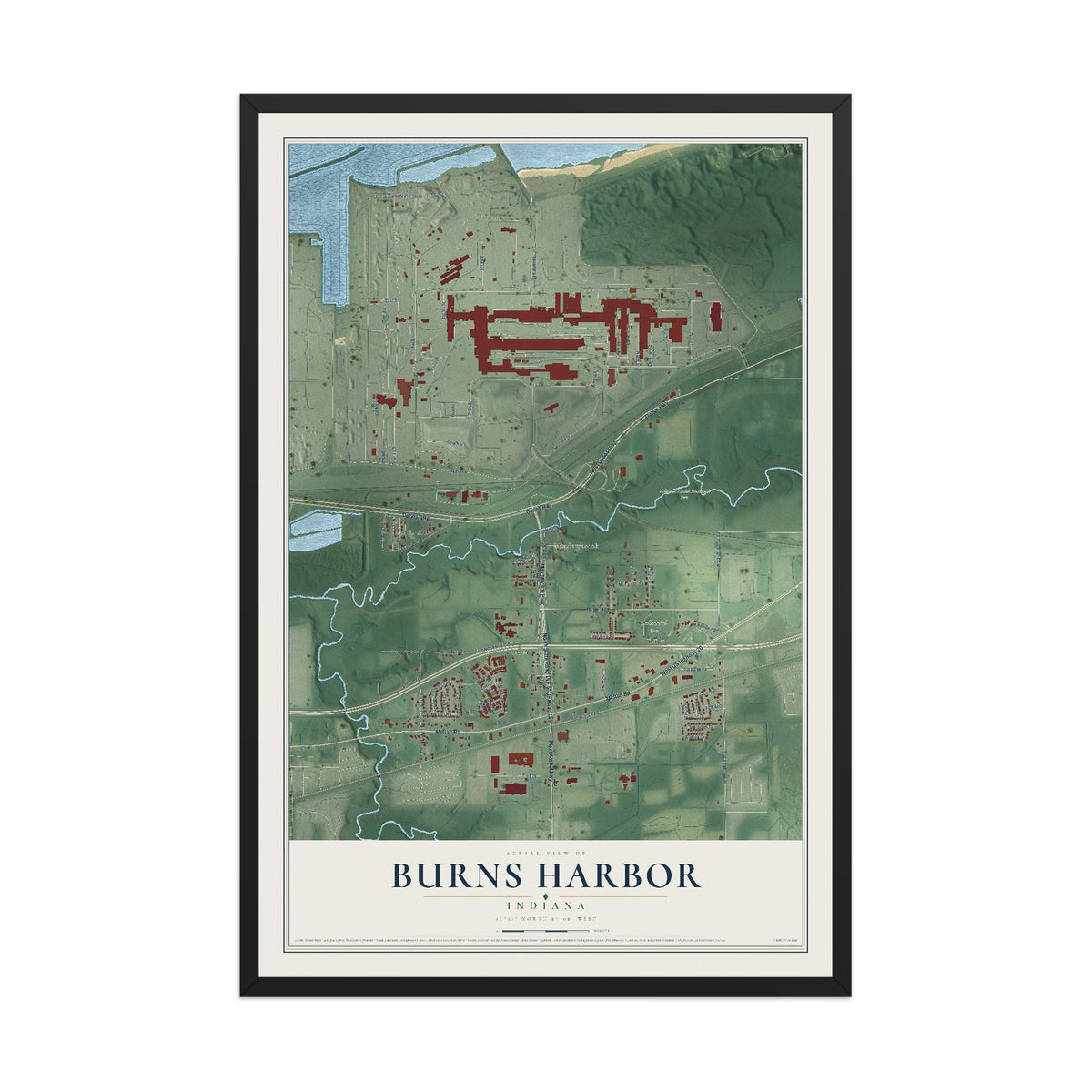 Map of Burns Harbor, Indiana, 12 x 18 inch print in a black wood frame
