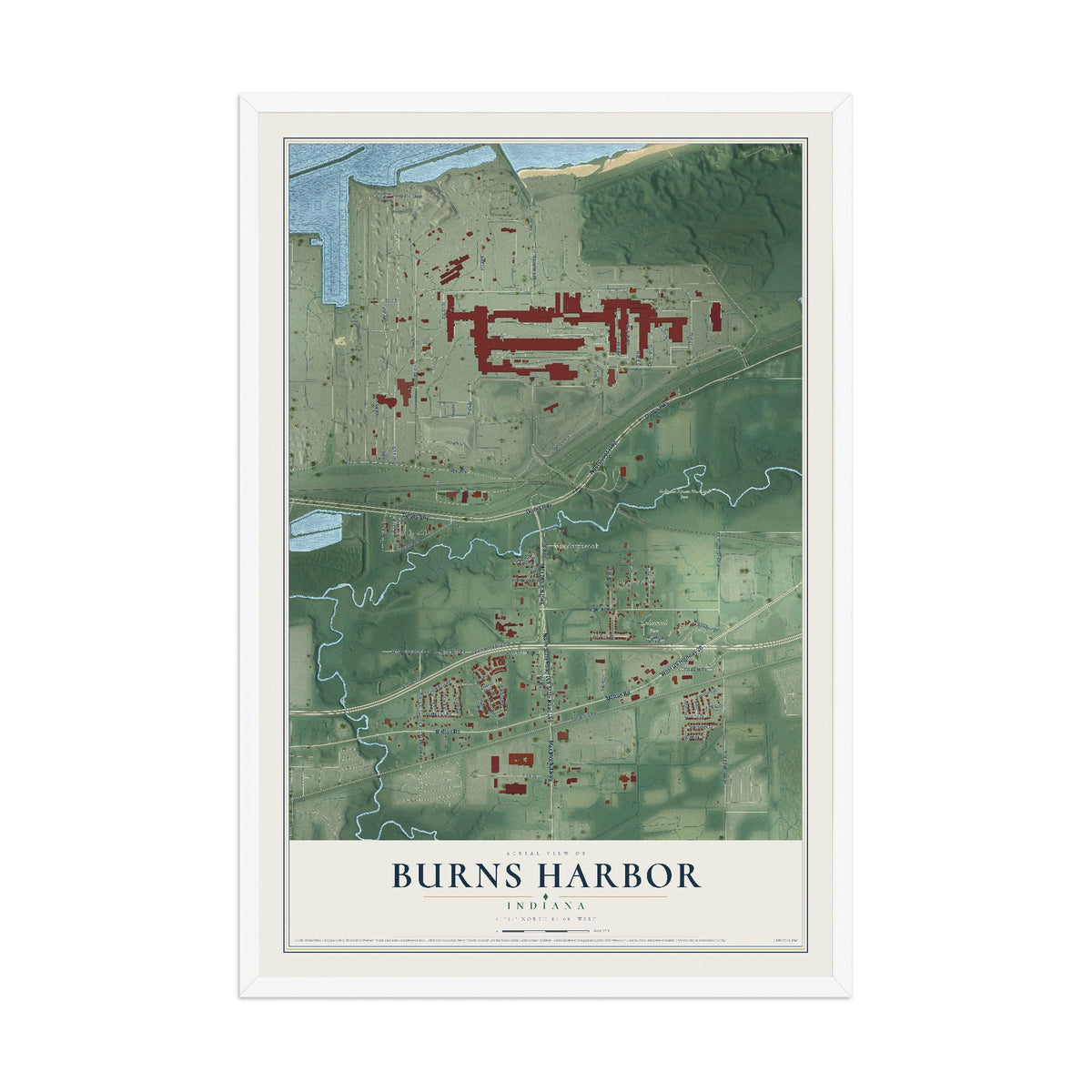 Map of Burns Harbor, Indiana, 12 x 18 inch print in a white wood frame