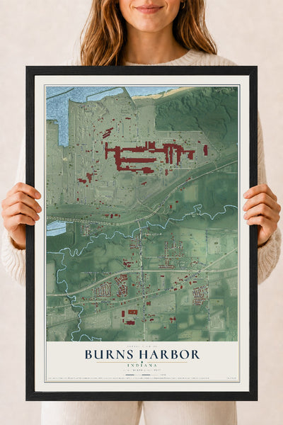 Map of Burns Harbor, Indiana, 18 x 24 inch print in a black wood frame