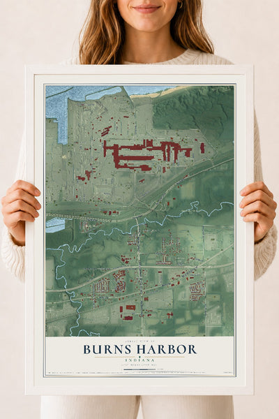 Map of Burns Harbor, Indiana, 18 x 24 inch print in a white wood frame