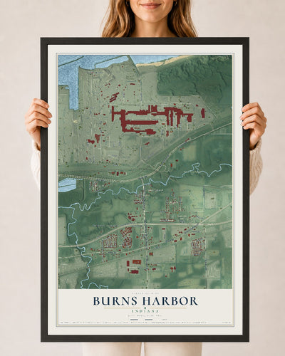 Map of Burns Harbor, Indiana, 24 x 36 inch print in a black wood frame