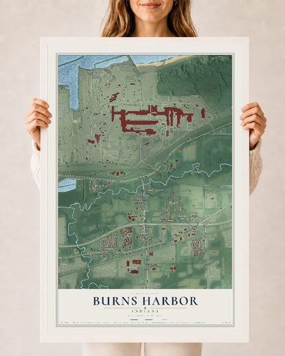Map of Burns Harbor, Indiana, 24 x 36 inch print in a white wood frame