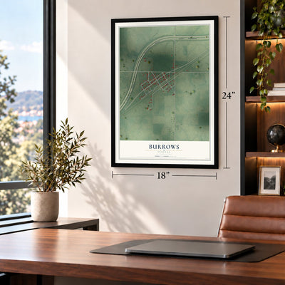 Burrows, Indiana map, 18 x 24 inch print in a black frame in a home office