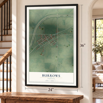 Burrows, Indiana map, 24 x 36 inch print in a black frame by a staircase