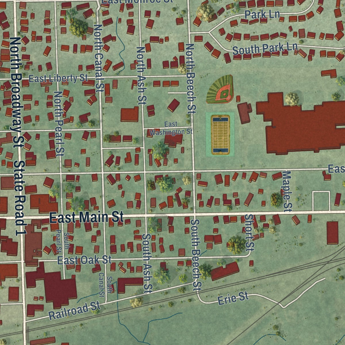 Close-up of the map of Butler, Indiana print showing street and building detail