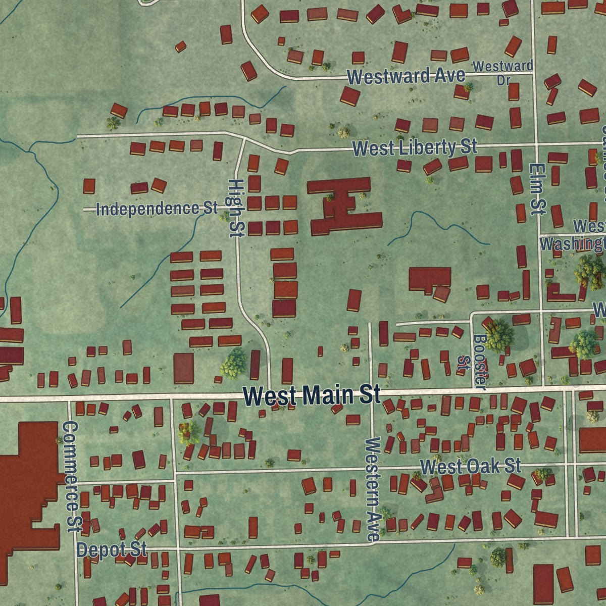 Second close-up of the map of Butler, Indiana print showing more streets and buildings