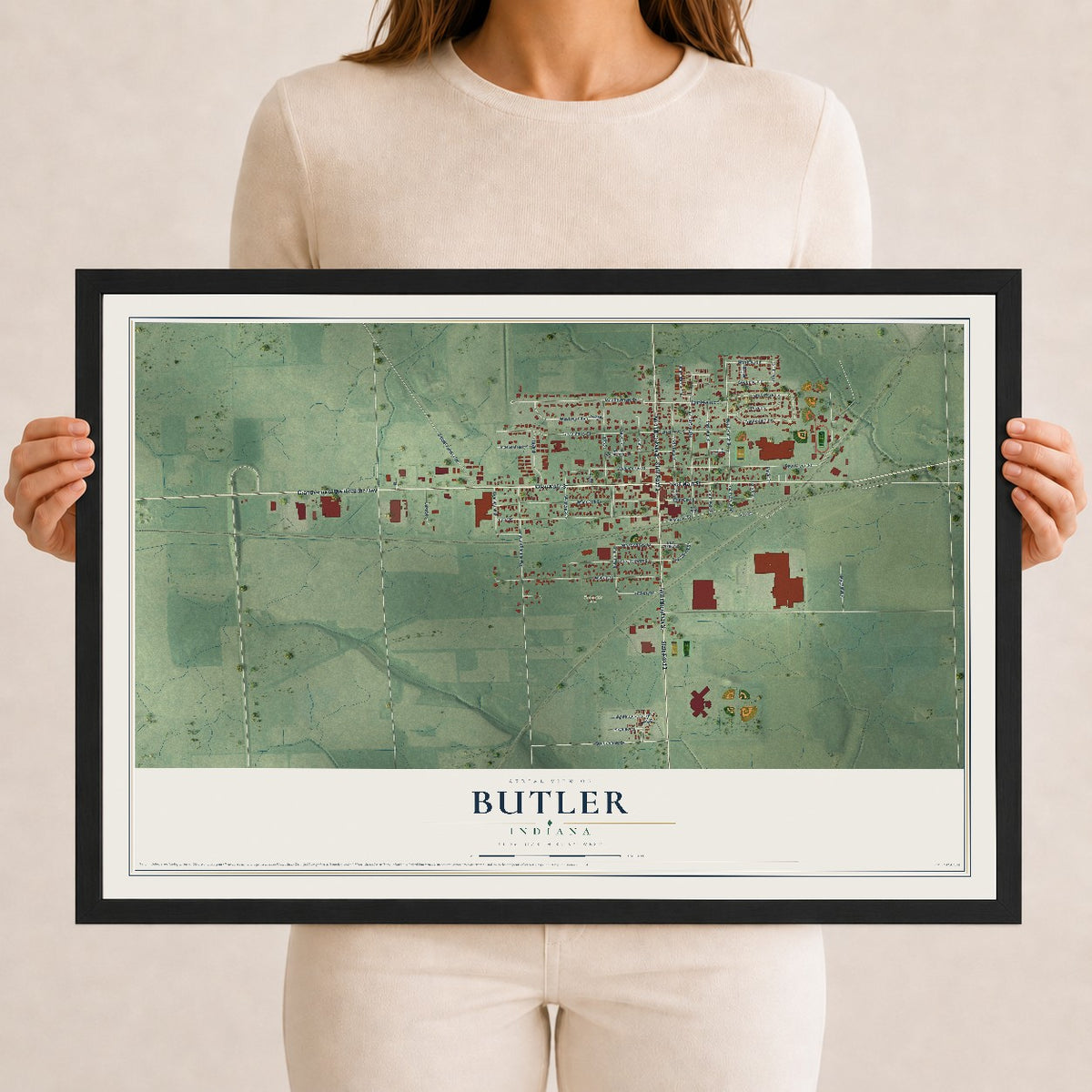 Map of Butler, Indiana, 12 x 18 inch print in a black wood frame