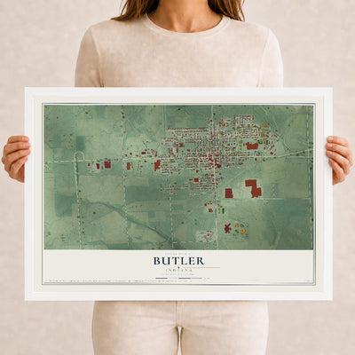 Map of Butler, Indiana, 12 x 18 inch print in a white wood frame