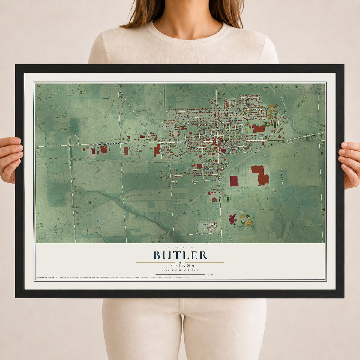 Map of Butler, Indiana, 18 x 24 inch print in a black wood frame