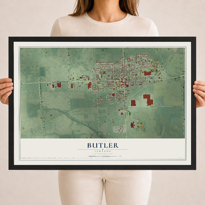 Map of Butler, Indiana, 18 x 24 inch print in a black wood frame