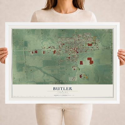 Map of Butler, Indiana, 18 x 24 inch print in a white wood frame