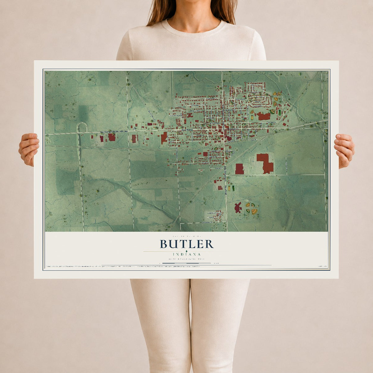 Map of Butler, Indiana, 24 x 36 inch unframed archival matte print
