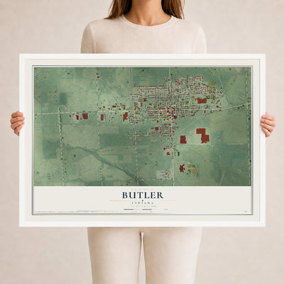 Map of Butler, Indiana, 24 x 36 inch print in a white wood frame