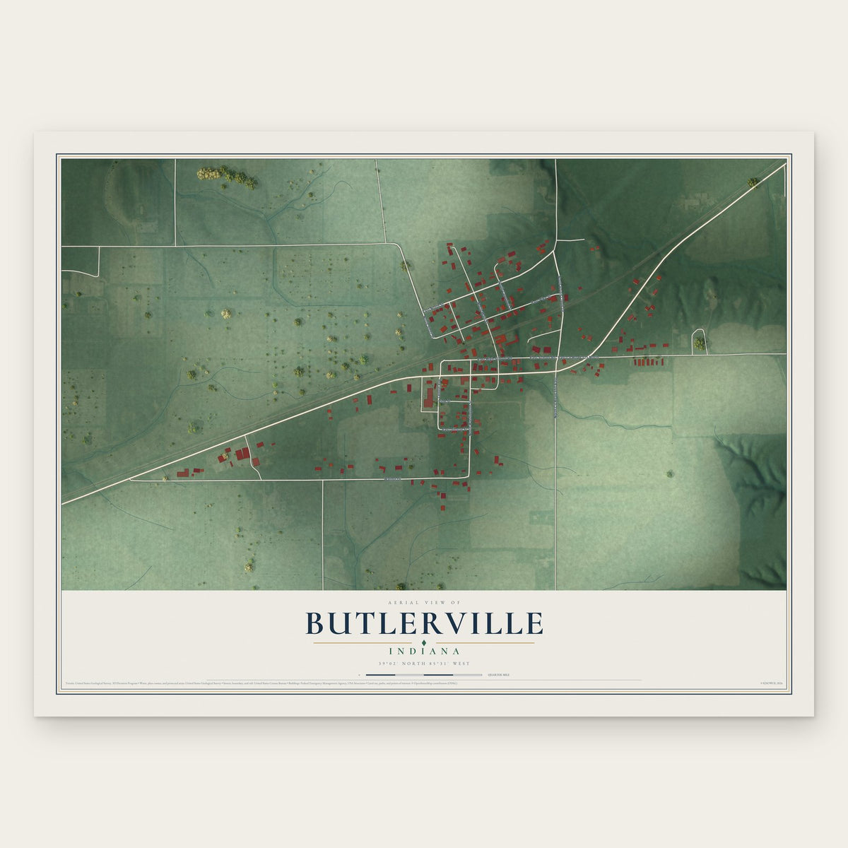 Butlerville, Indiana map print, the full design