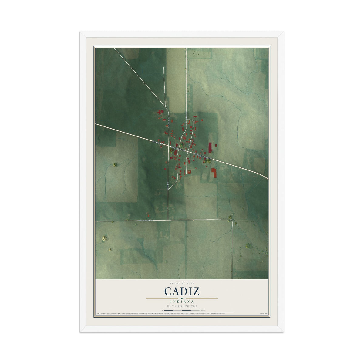 Map of Cadiz, Indiana, 12 x 18 inch print in a white wood frame