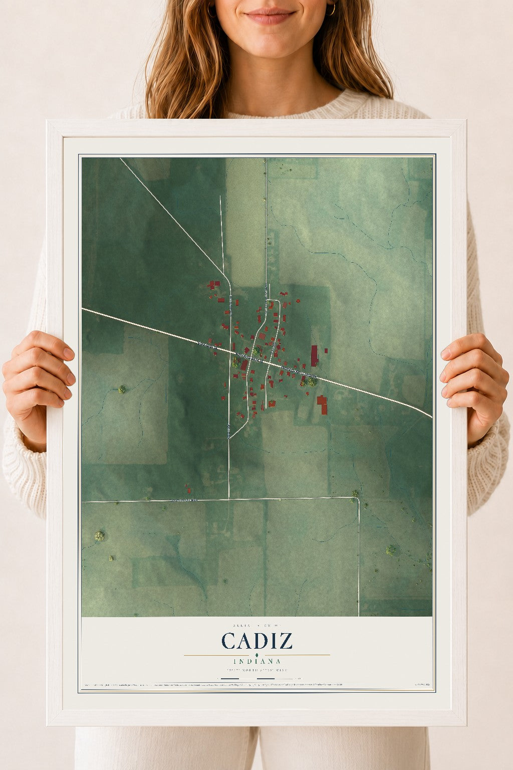 Map of Cadiz, Indiana, 18 x 24 inch print in a white wood frame