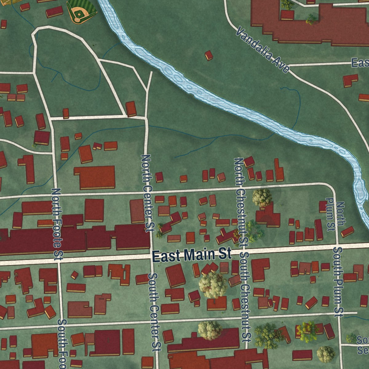 Second close-up of the map of Cambridge City, Indiana print showing more streets and buildings