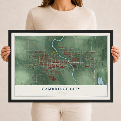 Map of Cambridge City, Indiana, 12 x 18 inch print in a black wood frame