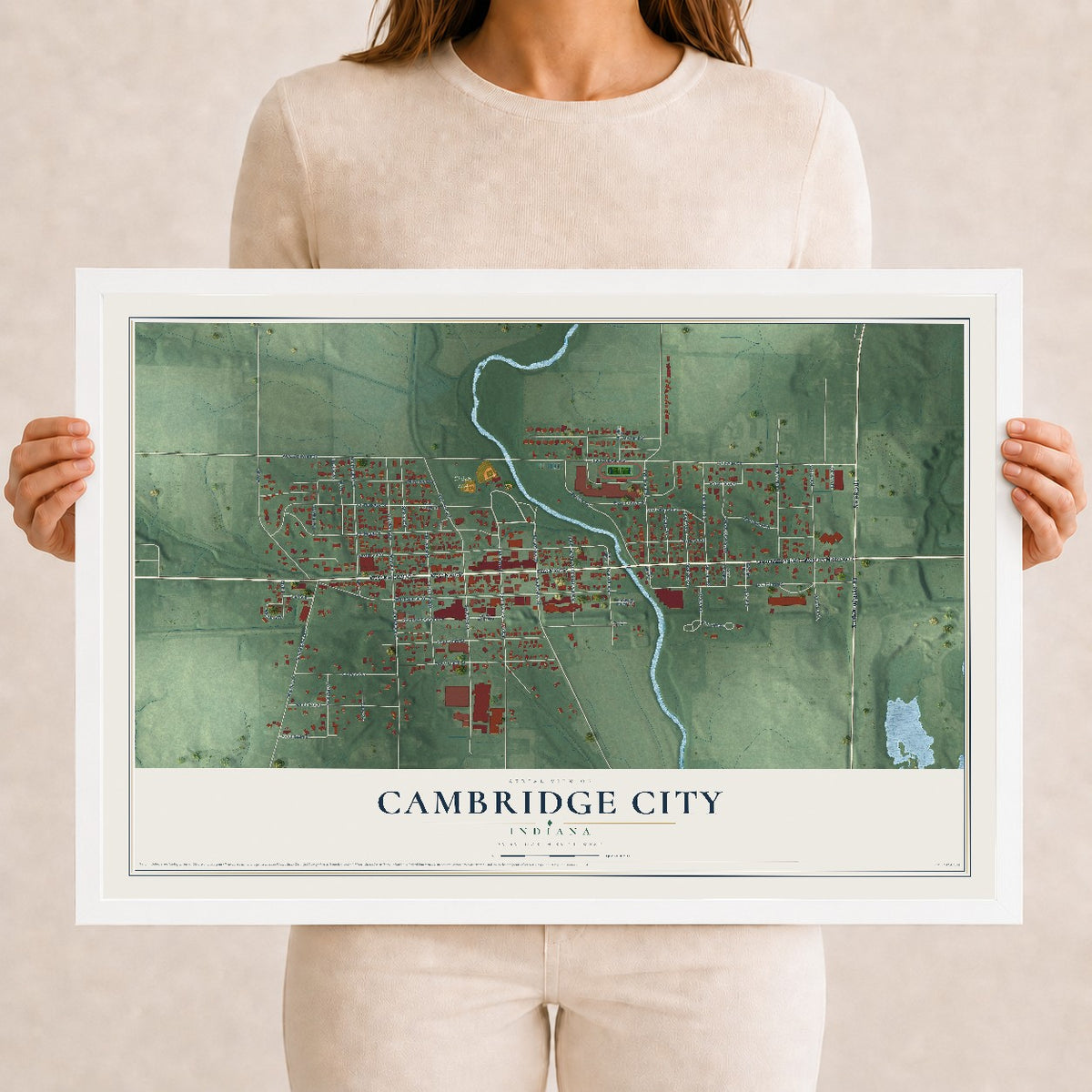 Map of Cambridge City, Indiana, 12 x 18 inch print in a white wood frame