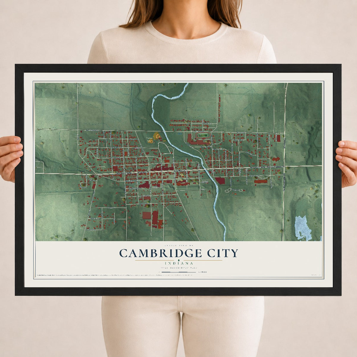 Map of Cambridge City, Indiana, 18 x 24 inch print in a black wood frame