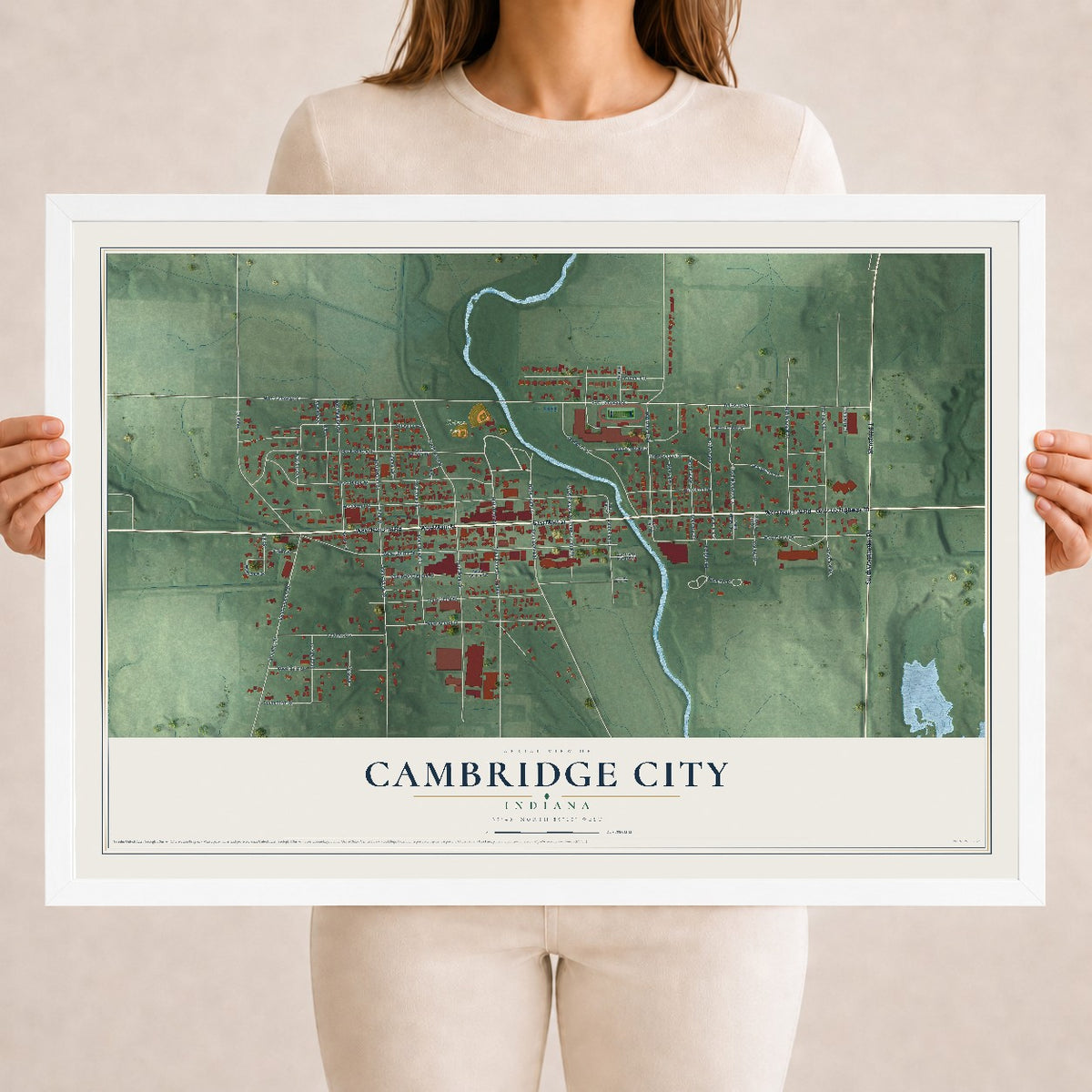 Map of Cambridge City, Indiana, 18 x 24 inch print in a white wood frame