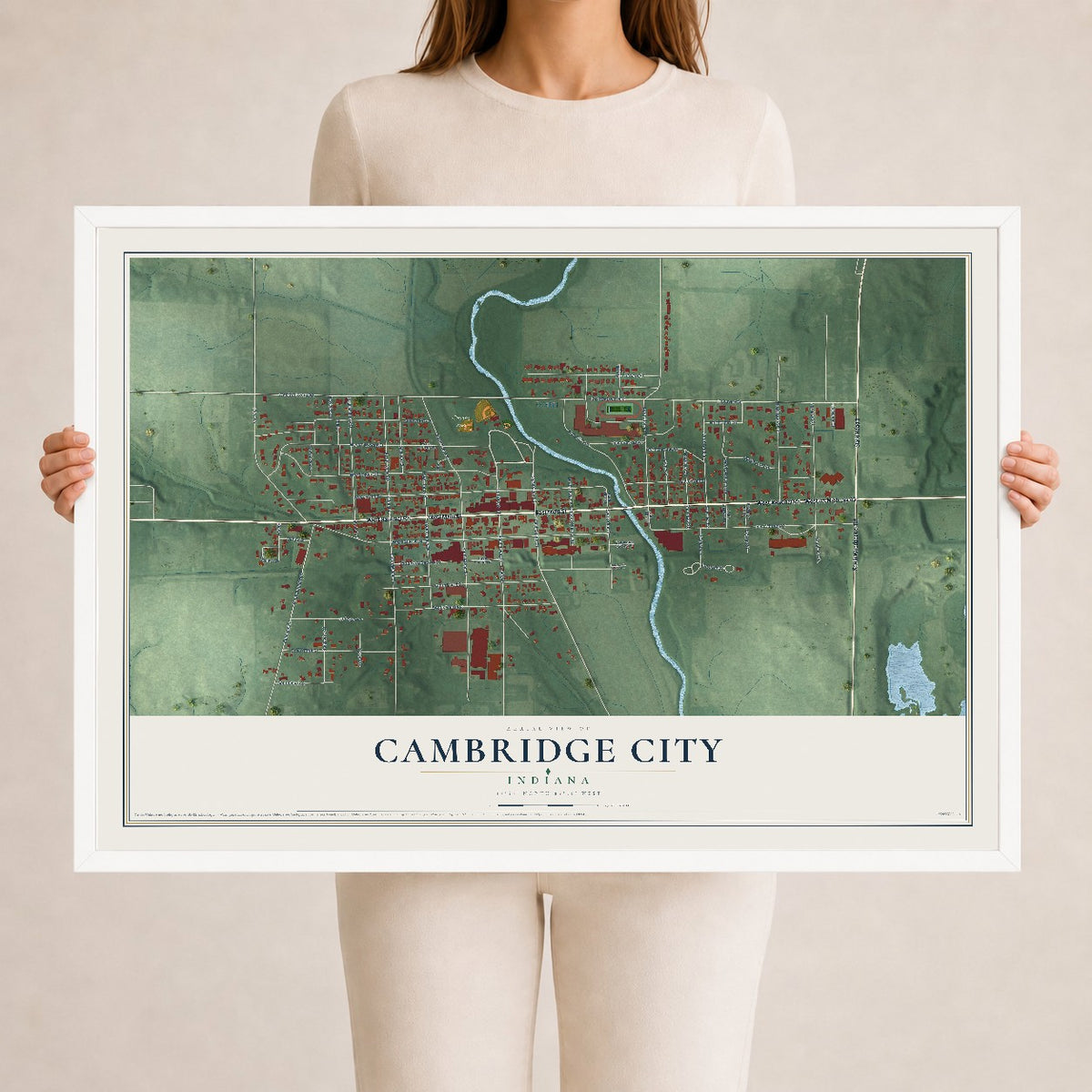 Map of Cambridge City, Indiana, 24 x 36 inch print in a white wood frame