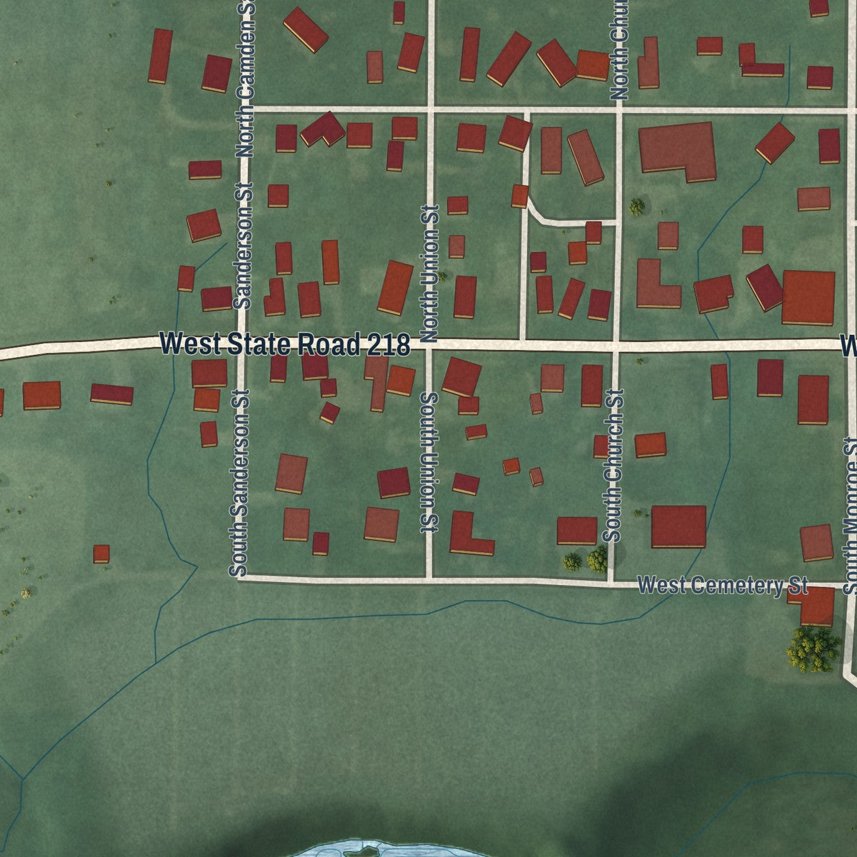 Second close-up of the map of Camden, Indiana print showing more streets and buildings