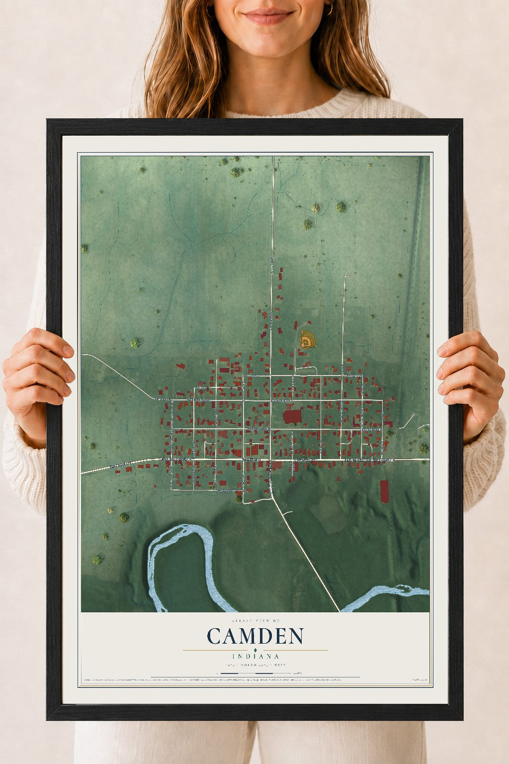 Map of Camden, Indiana, 18 x 24 inch print in a black wood frame