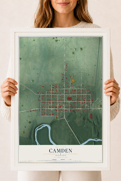 Map of Camden, Indiana, 18 x 24 inch print in a white wood frame