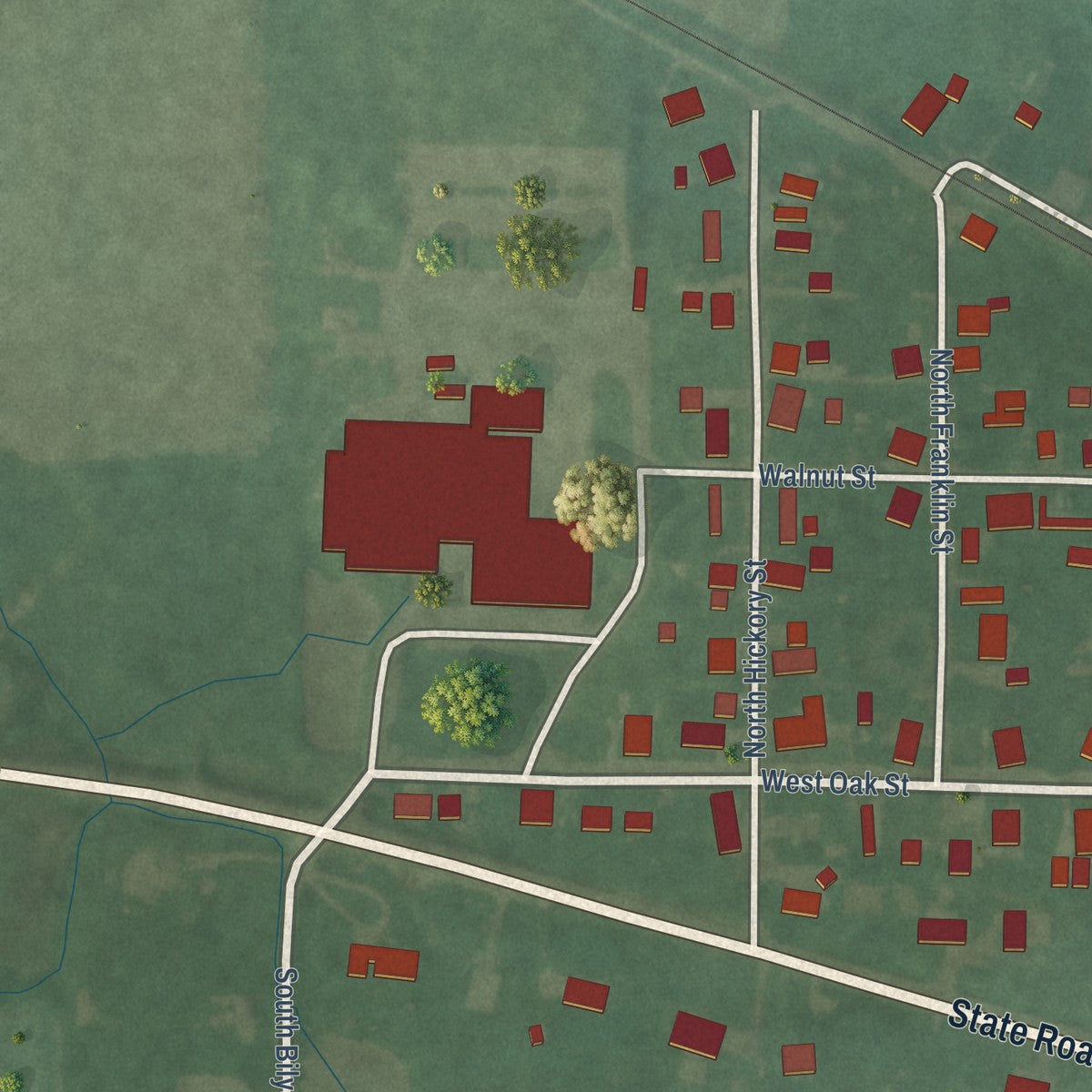 Second close-up of the map of Campbellsburg, Indiana print showing more streets and buildings