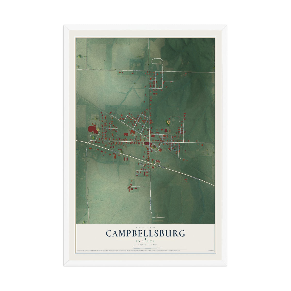 Map of Campbellsburg, Indiana, 12 x 18 inch print in a white wood frame
