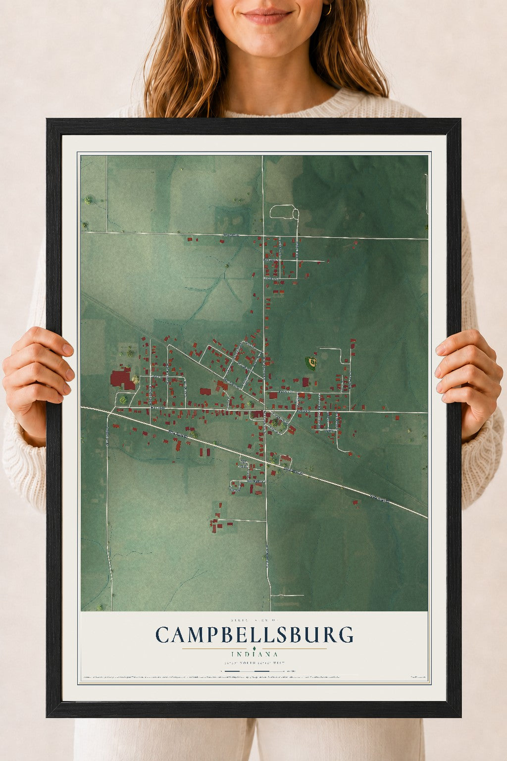 Map of Campbellsburg, Indiana, 18 x 24 inch print in a black wood frame