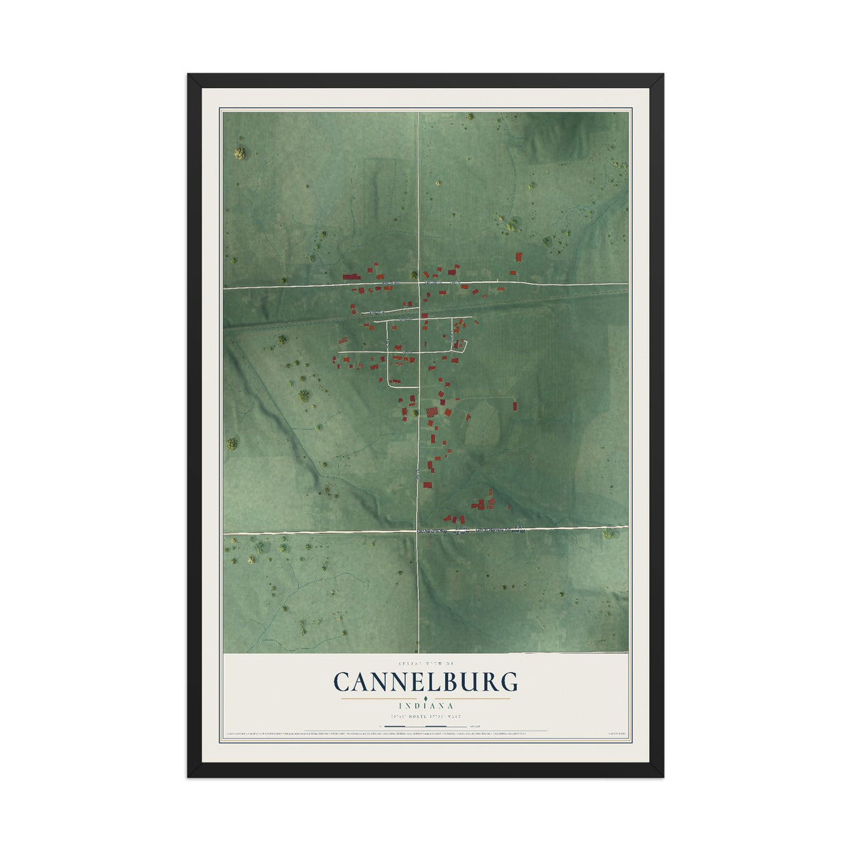 Map of Cannelburg, Indiana, 12 x 18 inch print in a black wood frame