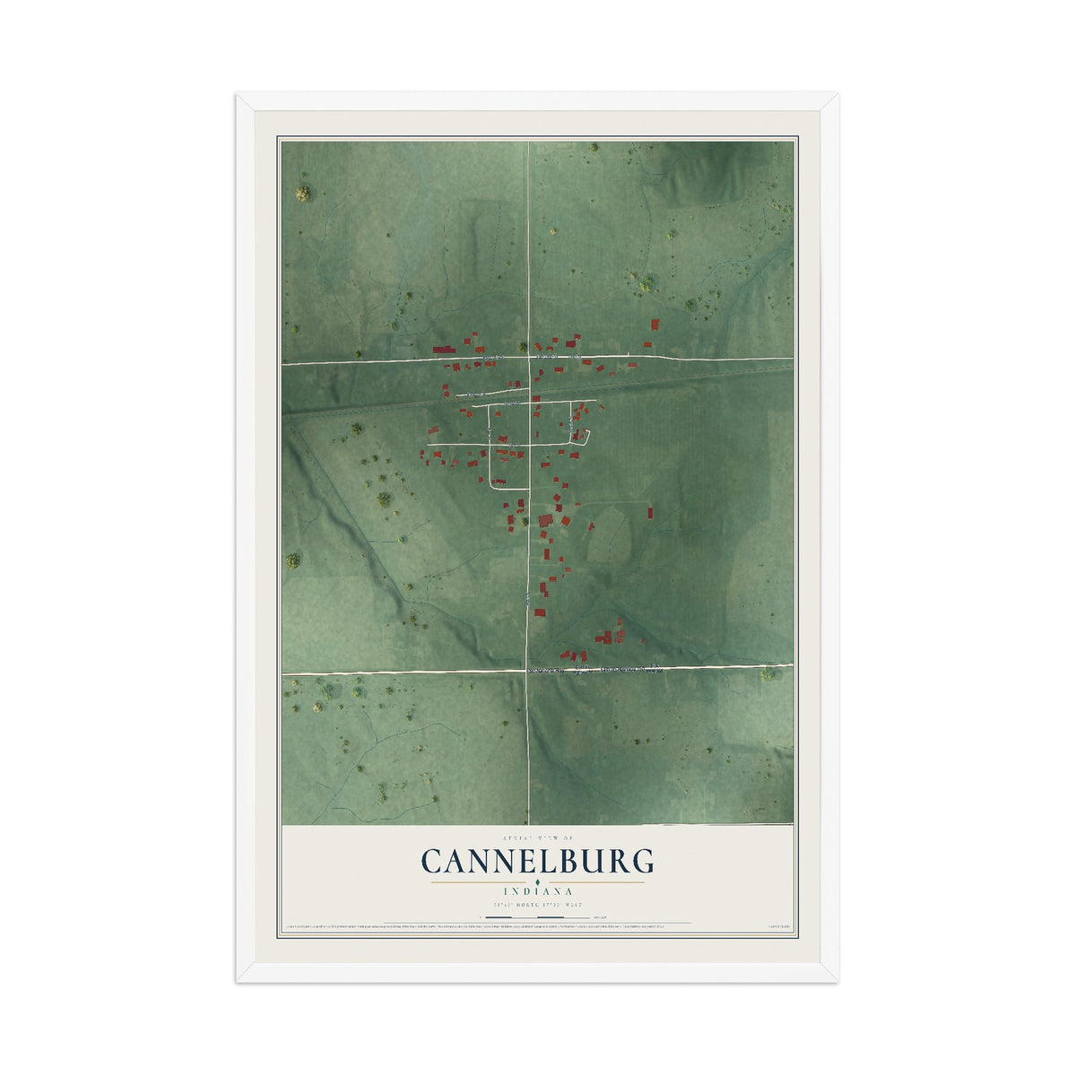 Map of Cannelburg, Indiana, 12 x 18 inch print in a white wood frame