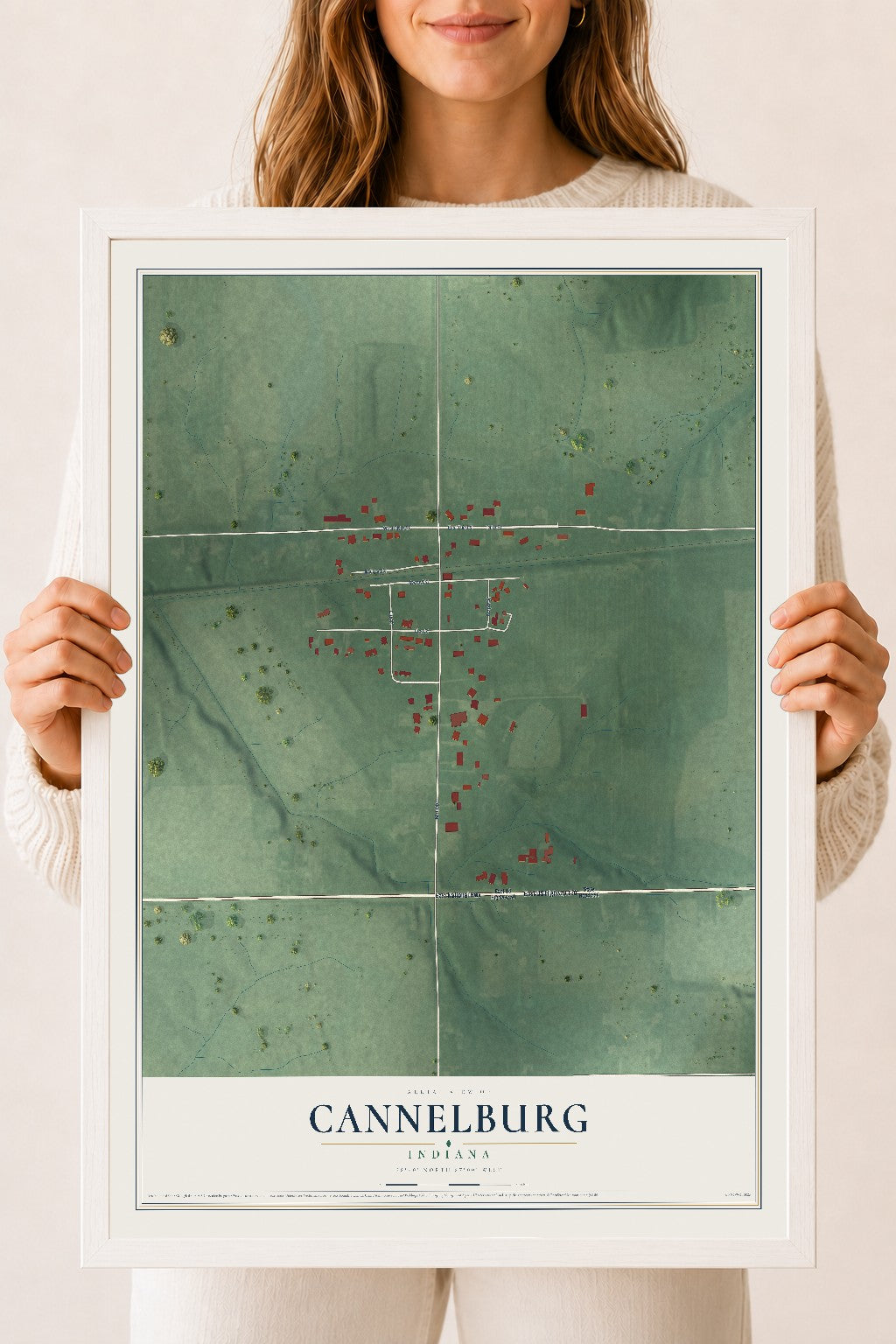 Map of Cannelburg, Indiana, 18 x 24 inch print in a white wood frame